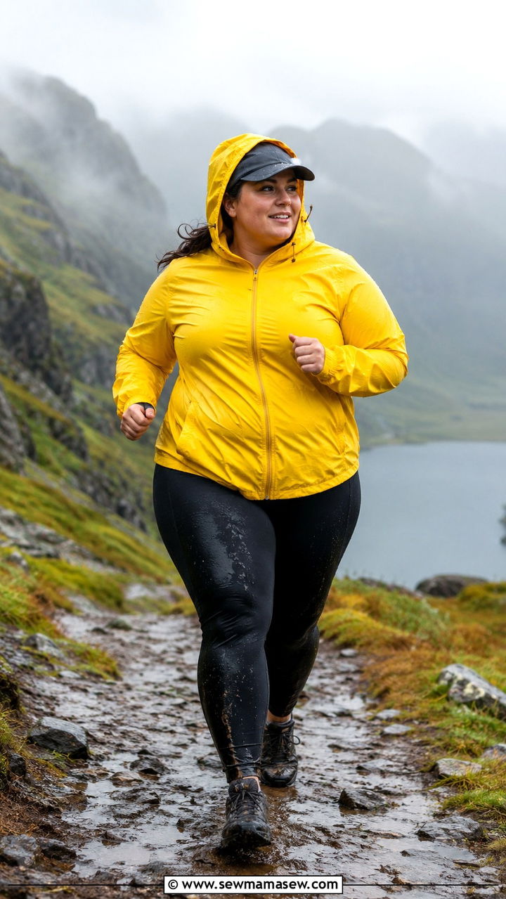 Plus Size Running Outfit With Waterproof Jacket and Trail Tights - 30 Plus size running outfit ideas