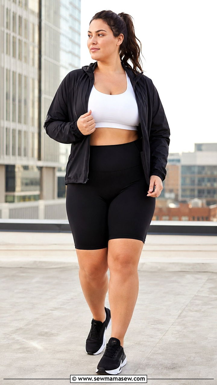 Plus Size Running Outfit With Zip Up Jacket and Biker Shorts - 30 Plus size running outfit ideas