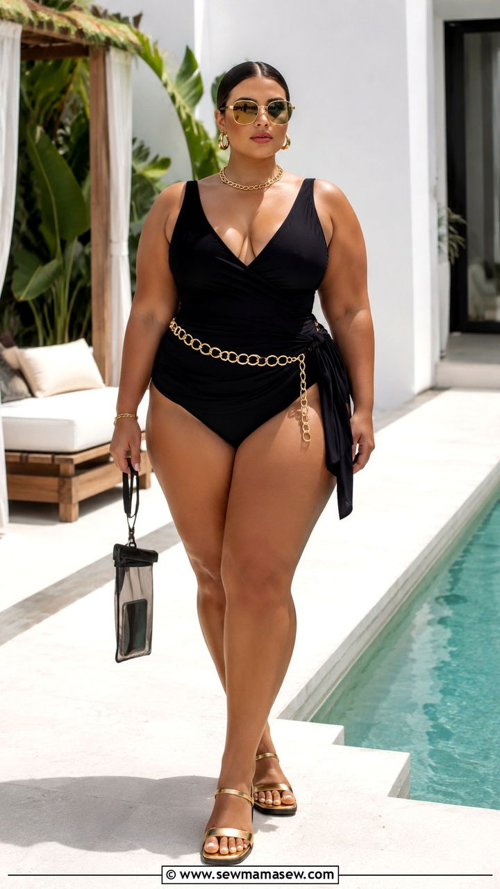 Plus Size Sarong One Piece Swimsuit With Gold Accessories - 30 Plus size beach outfits