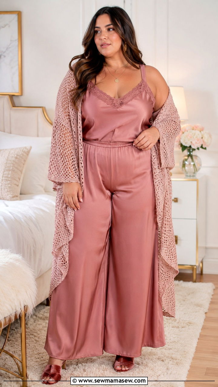 Plus Size Satin Cami and Wide Leg Pants - 30 Plus size loungewear outfits