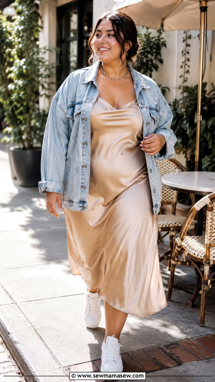 Plus Size Satin Dress and Denim Jacket Outfit - 25 Plus size outfit ideas for 12-14