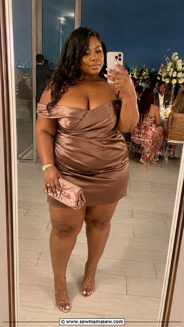Plus Size Satin OffShoulder Mini Dress Wedding Guest Outfit - 25 Wedding guest outfit ideas size 20