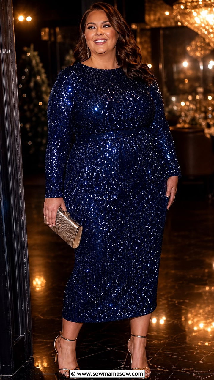 Plus Size Sequin Midi Dress With Strappy Heels - 25 Midi dress plus size outfit ideas