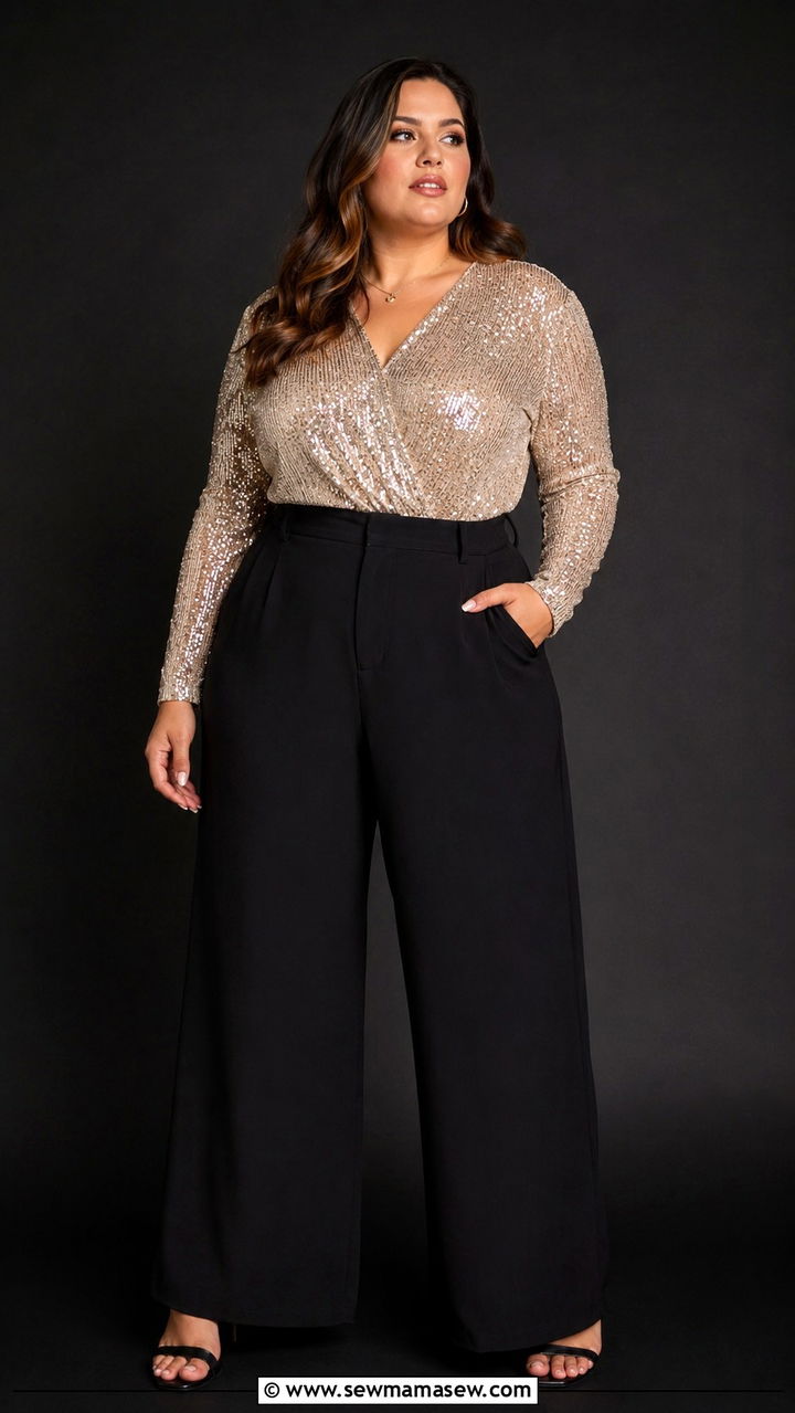 Plus Size Sequin Top And Wide Leg Pants Photoshoot Outfit - 30 Plus size outfit ideas for photoshoot