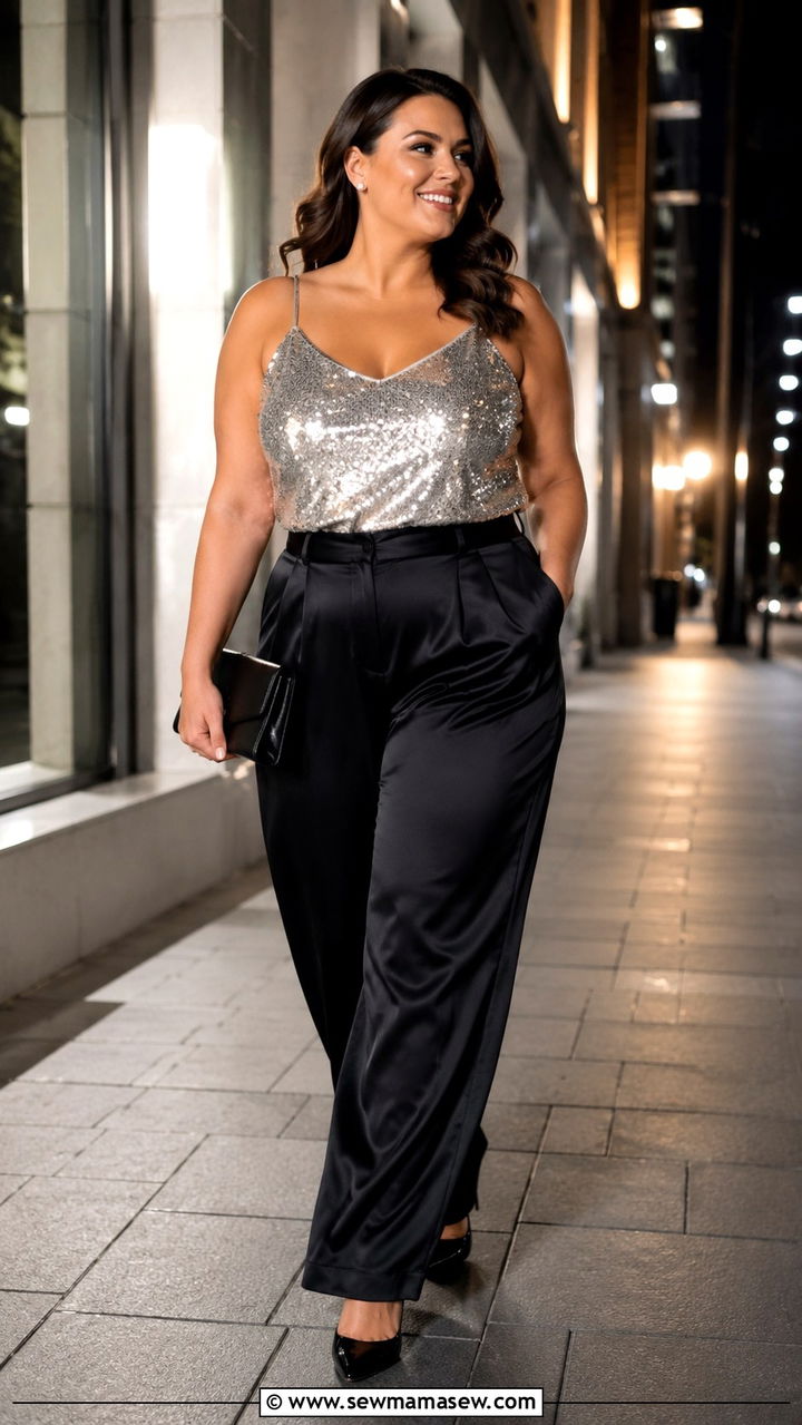 Plus Size Sequin Top and Trousers - 30 plus size girls night out outfit ideas