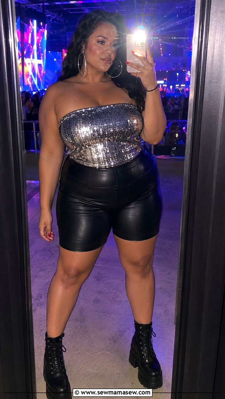 Plus Size Sequin Tube Top And Leather Biker Shorts Concert Outfit - 30 Plus size outfit ideas for concert