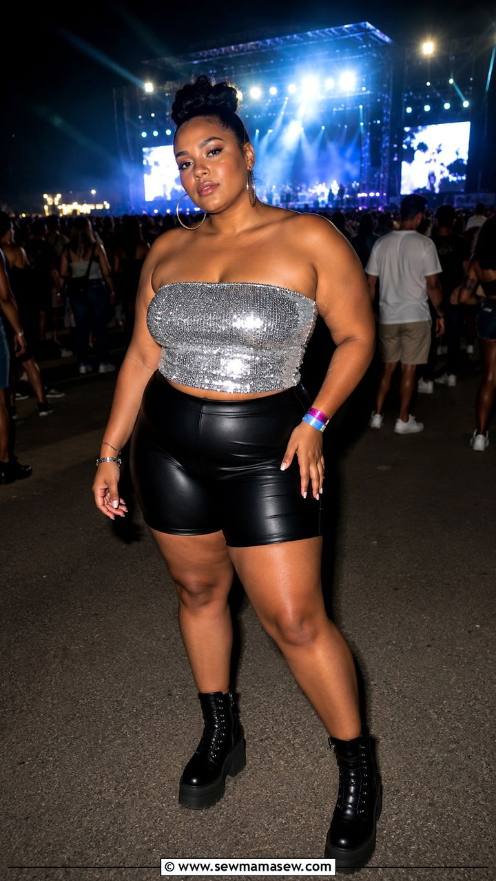 Plus Size Sequin Tube Top and Biker Shorts Outfit - 30 plus size summer concert outfit ideas