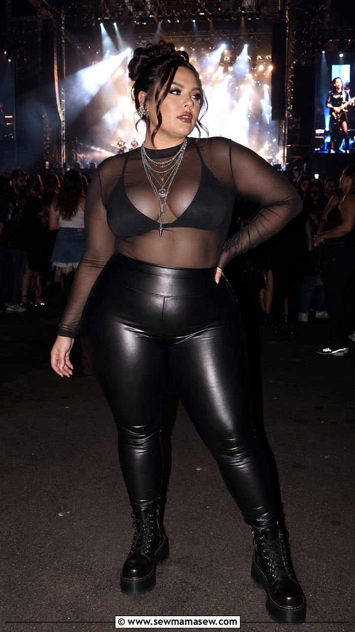 Plus Size Sheer Mesh Top and Faux Leather Leggings Outfit - 30 plus size summer concert outfit ideas
