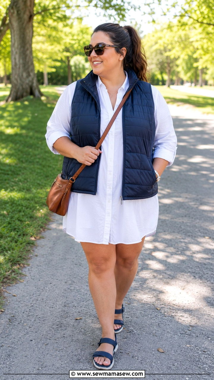 Plus Size Shirt Dress With Puffer Vest Outfit - 30 transitional plus size outfit ideas