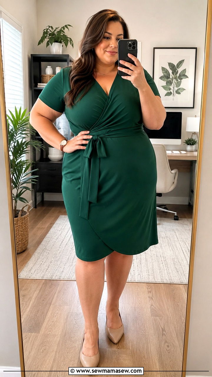 Plus Size Short Sleeve Wrap Dress and Pointed Flats Summer Work Outfit - 30 Plus size work outfit ideas summer