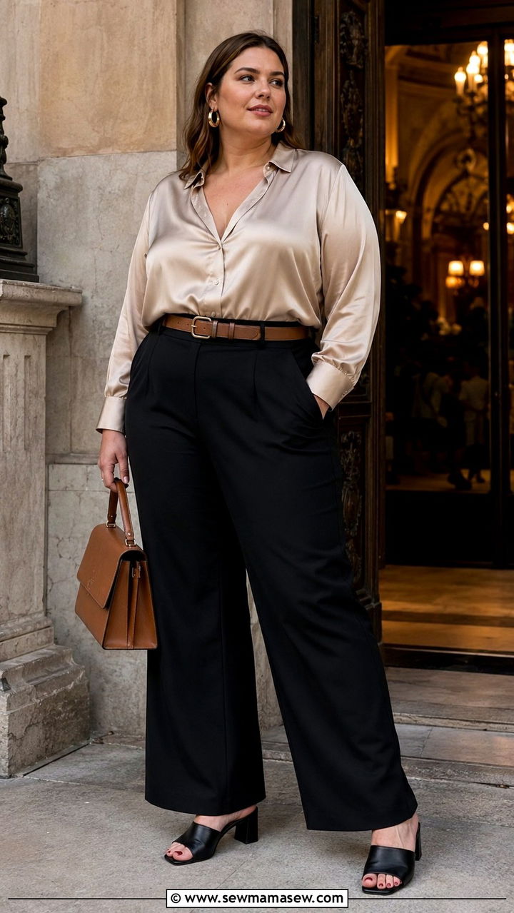 Plus Size Silk Blouse with Wide Leg Trousers and Block Heels - 30 Parisian outfits plus size