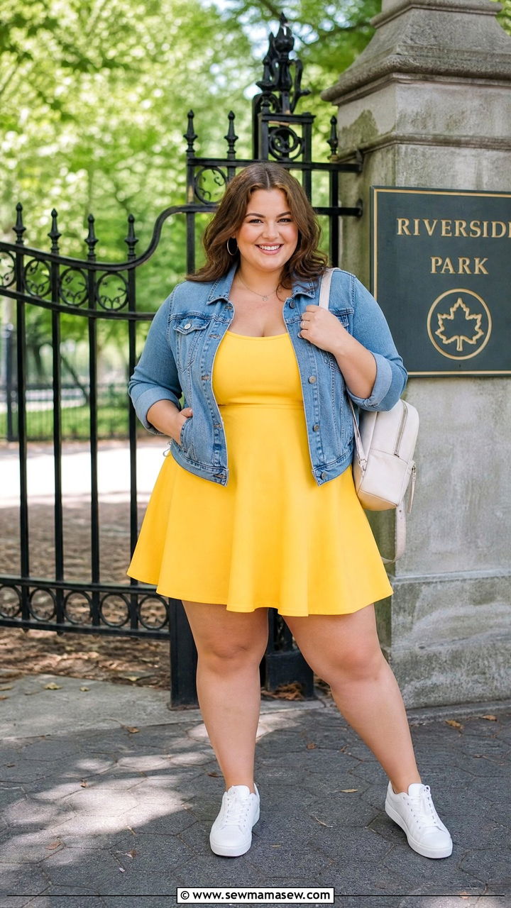 Plus Size Skater Dress and Denim Jacket Outfit - 40 Disneyland outfit ideas