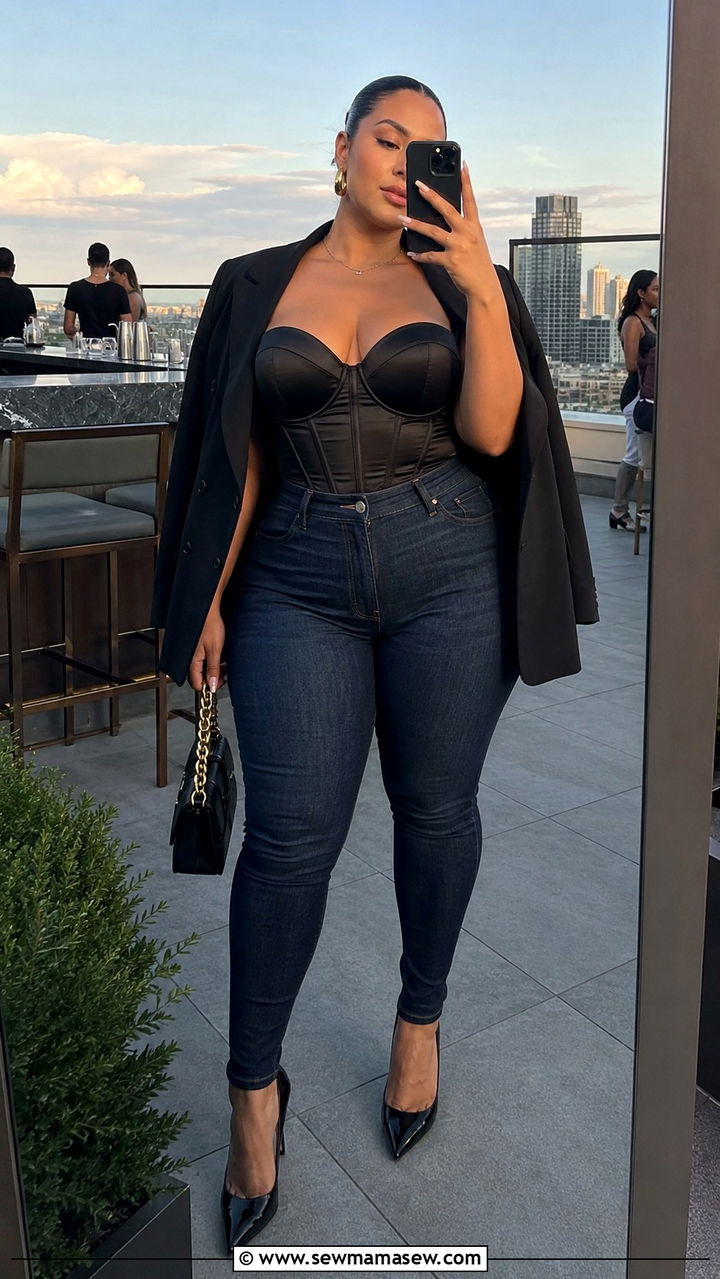 Plus Size Skinny Jeans and Corset Top - 30 plus size girls night out outfit ideas