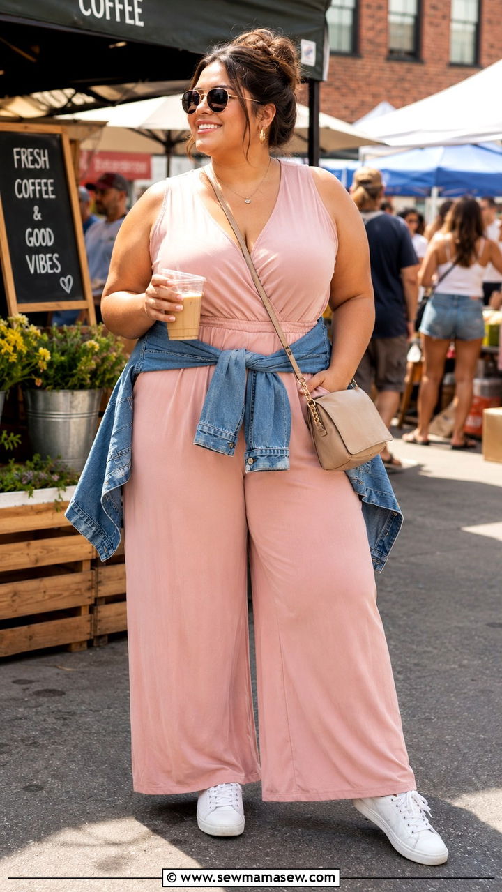 Plus Size Sleeveless Jumpsuit With Sneakers - 30 Plus size outfit ideas for brunch