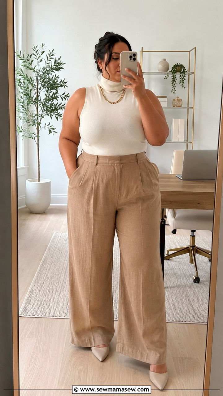 Plus Size Sleeveless Turtleneck and Linen Trousers Summer Work Outfit - 30 Plus size work outfit ideas summer