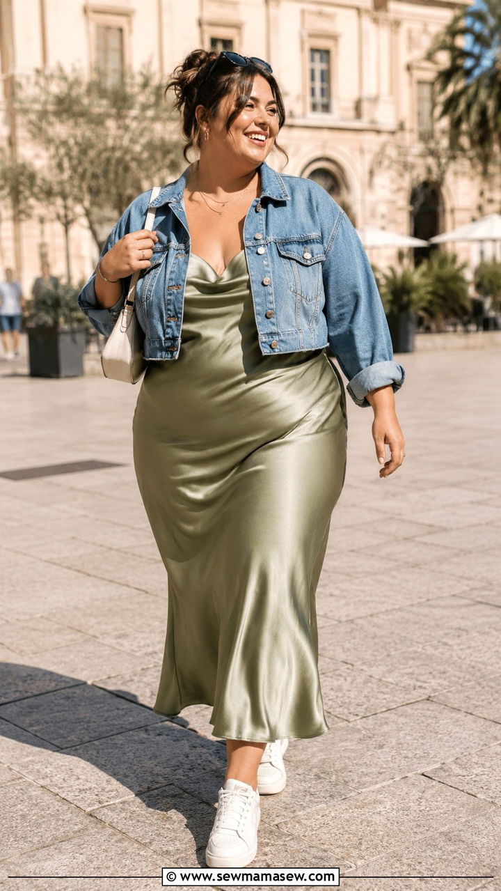 Plus Size Slip Dress and Cropped Denim Jacket Outfit - 20 Plus size outfit ideas size 12