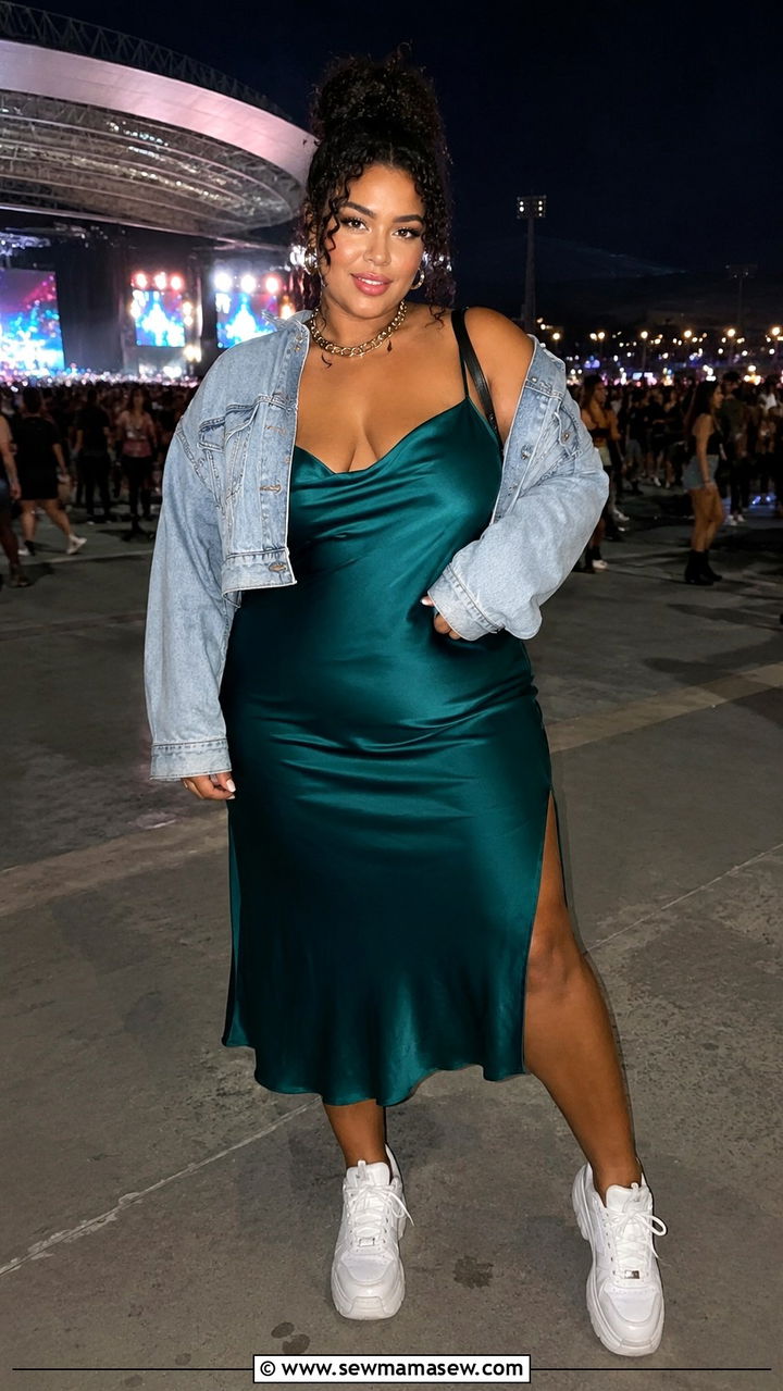 Plus Size Slip Midi Dress and Chunky Sneakers Outfit - 30 plus size summer concert outfit ideas
