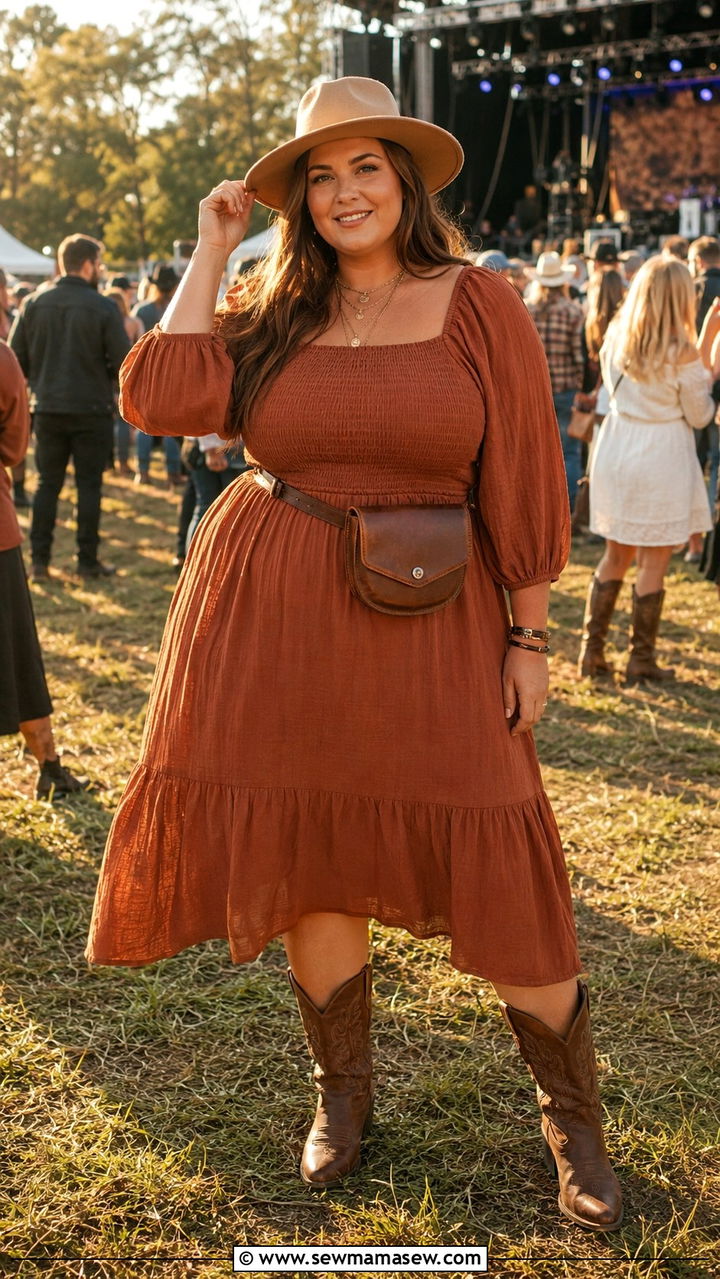 Plus Size Smocked Midi Dress With Cowboy Boots - 25 Midi dress plus size outfit ideas