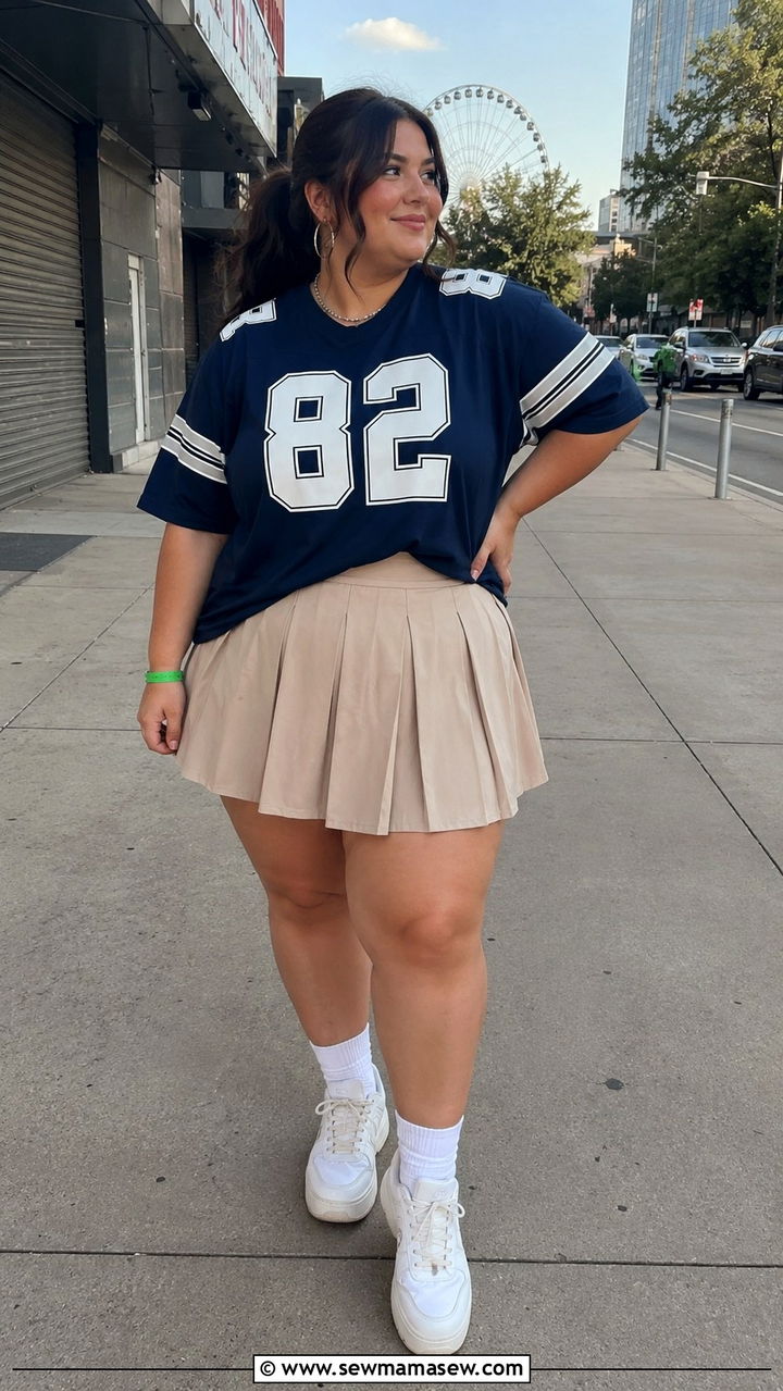 Plus Size Sports Jersey And Pleated Mini Skirt Concert Outfit - 30 Plus size outfit ideas for concert