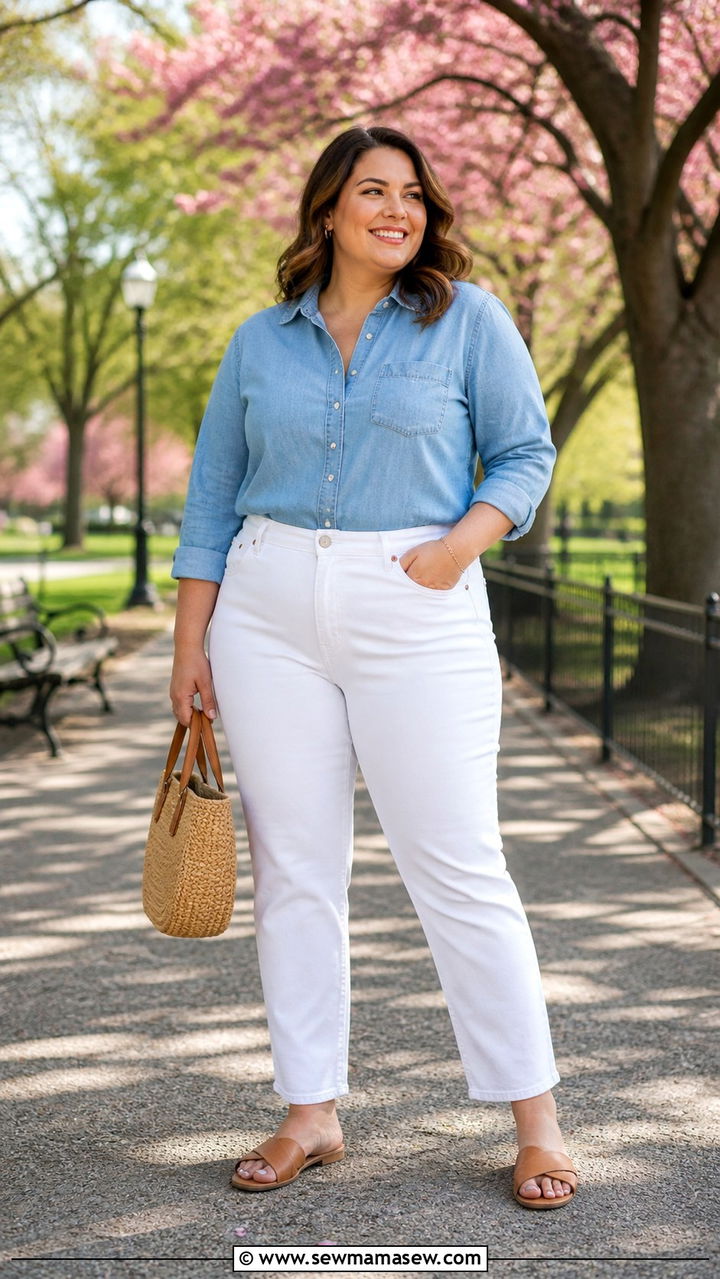 Plus Size Spring Outfit with Chambray Shirt and White Jeans - 40 Plus size outfit ideas