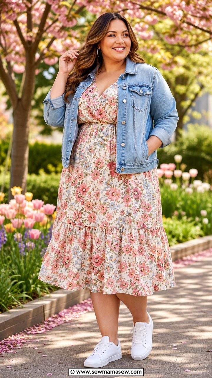 Plus Size Spring Outfit with Floral Midi Dress and Denim Jacket - 40 Plus size outfit ideas