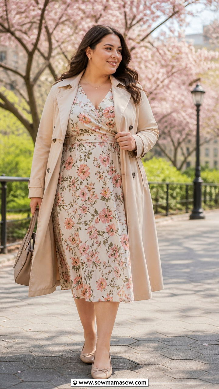 Plus Size Spring Outfit with Trench Coat and Floral Dress - 40 Plus size outfit ideas