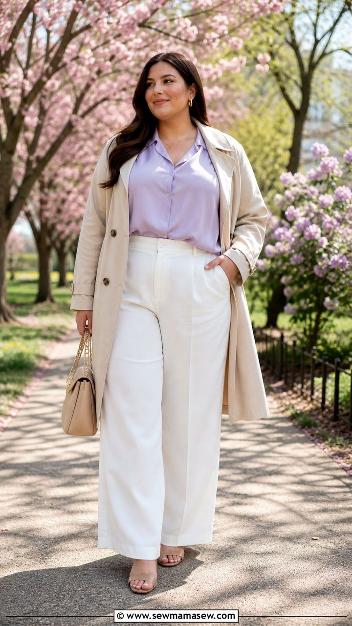 Plus Size Spring Outfit with White Wide Leg Pants and Pastel Top - 40 Plus size outfit ideas