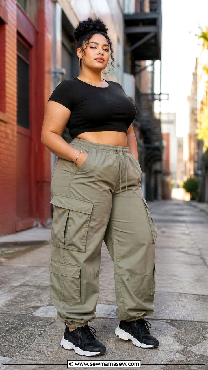Plus Size Streetwear Outfit with Cargo Pants and Crop Top - 40 Plus size outfit ideas