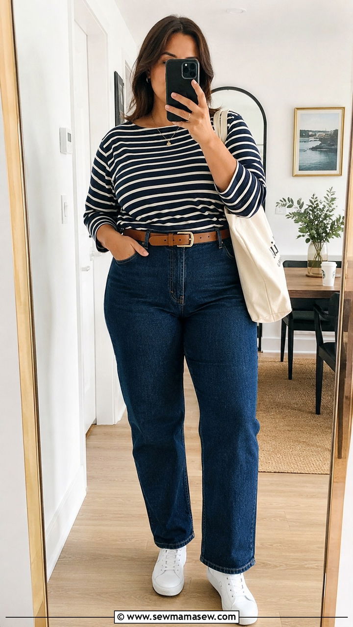 Plus Size Striped Boatneck Top and High Waisted Jeans - 25 Plus size outfit ideas French girl