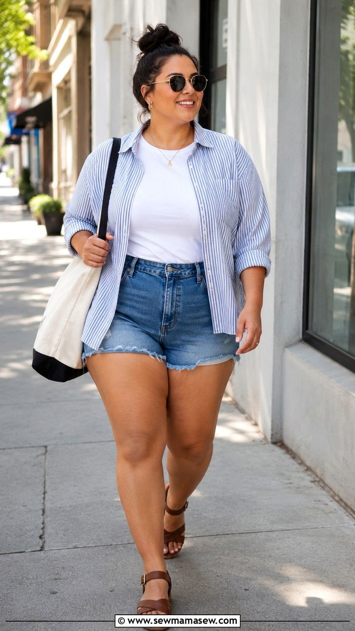 Plus Size Striped Button Down and Denim Shorts - 30 Plus size outfit ideas summer 2026