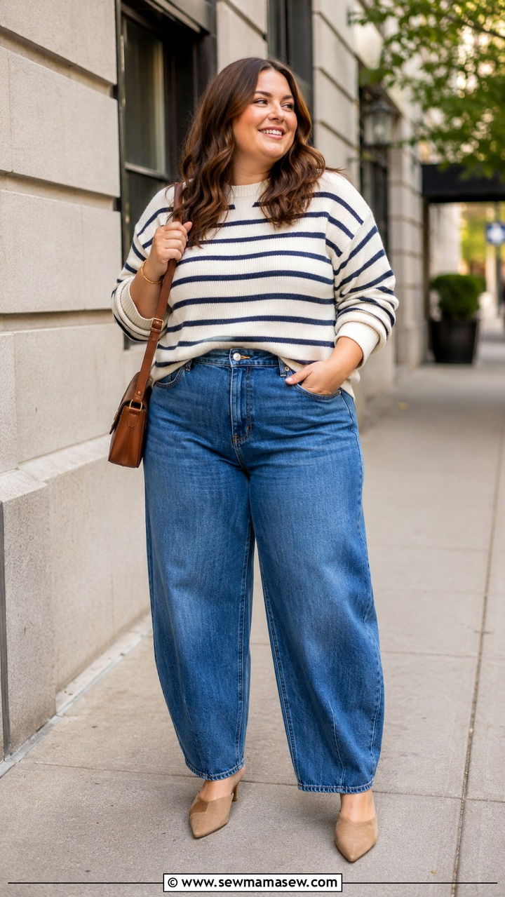Plus Size Striped Sweater and Barrel Leg Jeans Outfit - 25 Plus size capsule wardrobe 2026