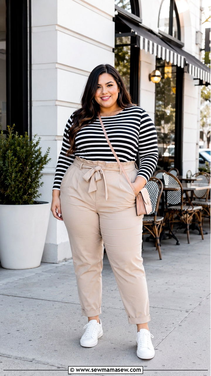 Plus Size Striped Top With Tailored Beige Trousers - 30 Plus size outfit ideas for brunch