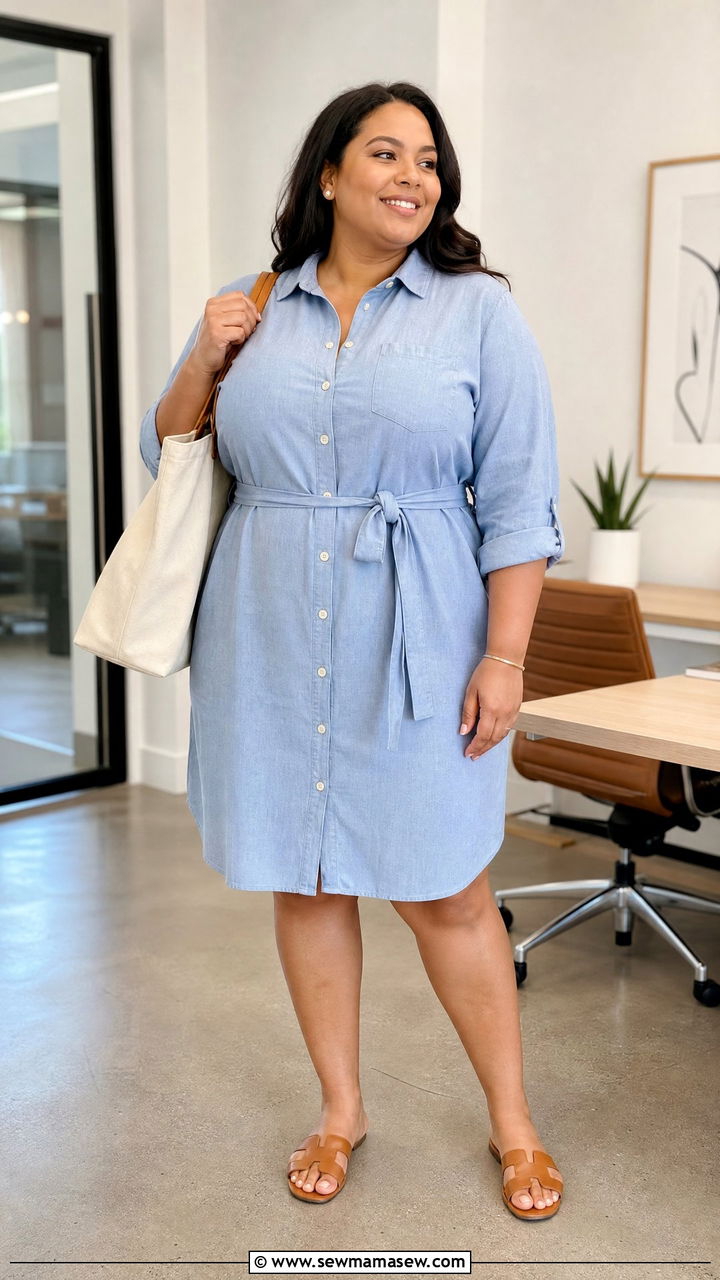 Plus Size Summer Belted Shirt Dress and Flat Sandals - 30 summer plus size outfit ideas