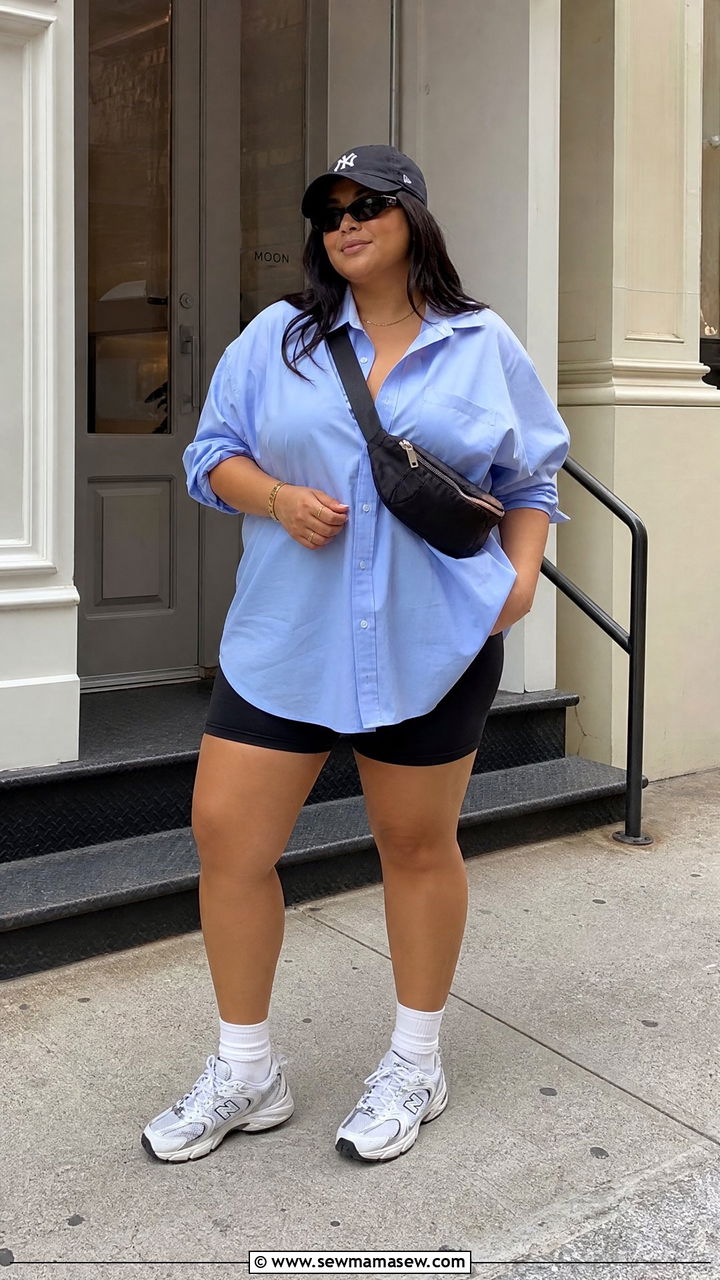 Plus Size Summer Biker Shorts and Oversized Button Down Shirt - 30 summer plus size outfit ideas