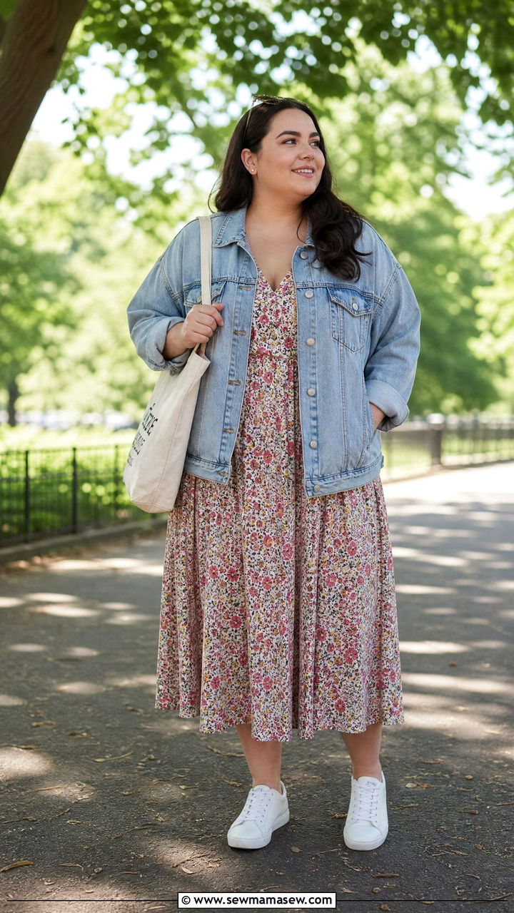 Plus Size Summer Denim Jacket and Floral Midi Dress - 30 summer plus size outfit ideas