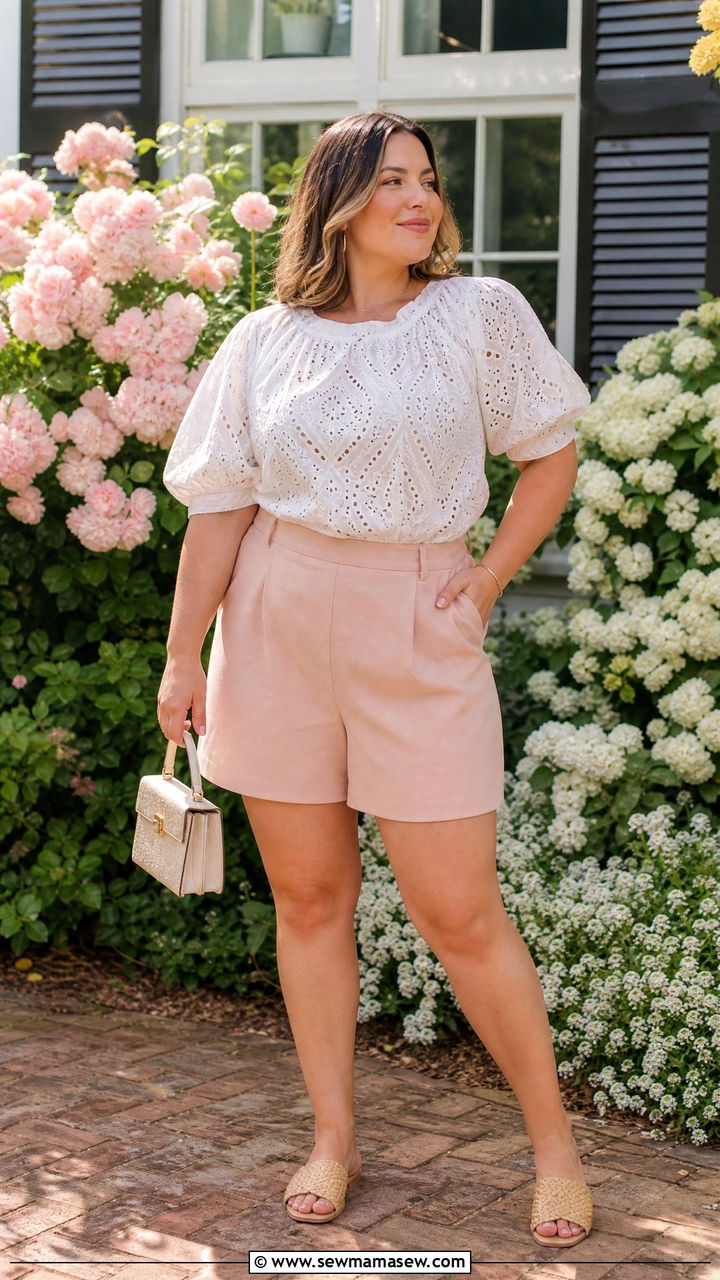 Plus Size Summer Eyelet Blouse and Tailored Shorts - 30 summer plus size outfit ideas