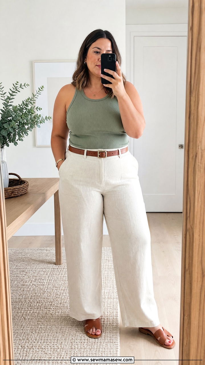 Plus Size Summer Linen Wide Leg Pants and Tank Top - 30 summer plus size outfit ideas