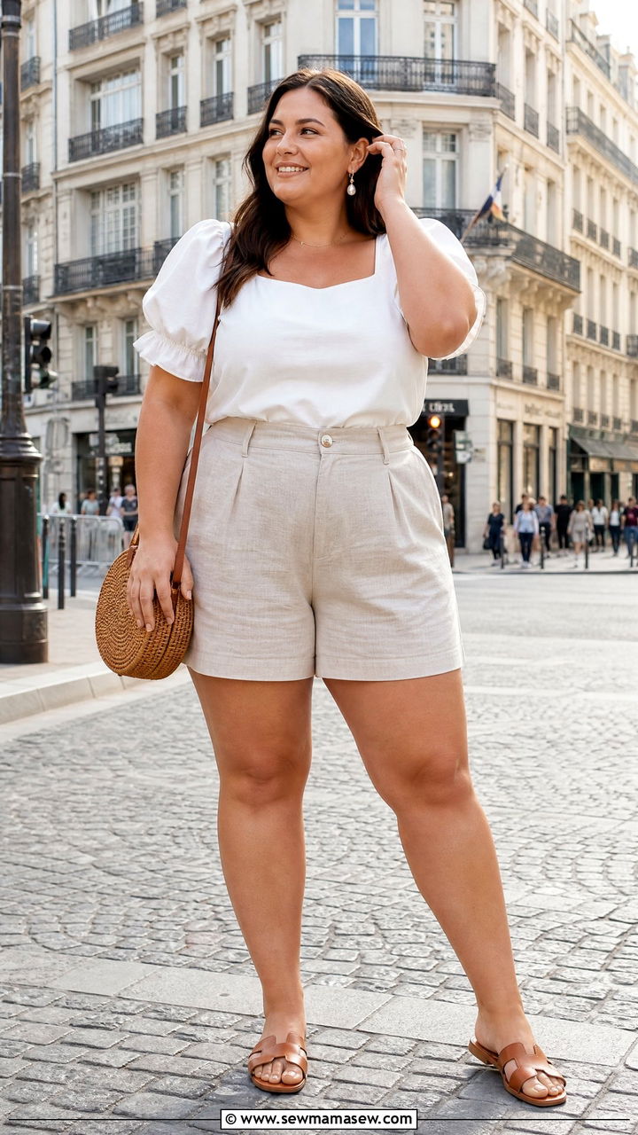 Plus Size Summer Puff Sleeve Top and Linen Shorts - 30 summer plus size outfit ideas