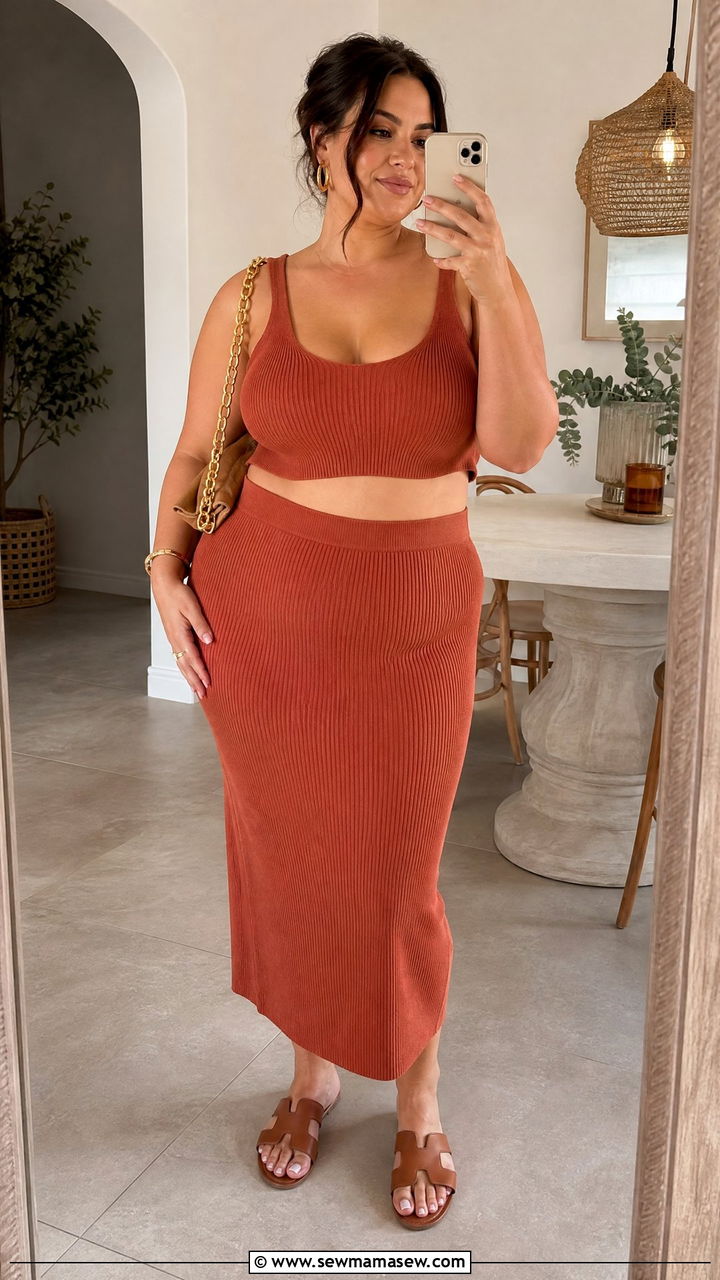 Plus Size Summer Ribbed Knit Set and Slide Sandals - 30 summer plus size outfit ideas