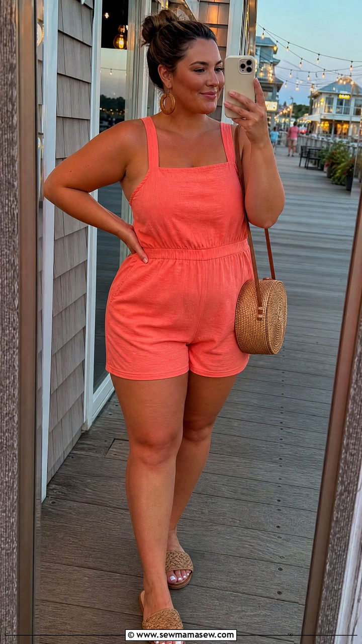 Plus Size Summer Romper with Woven Slide Sandals - 30 summer plus size outfit ideas