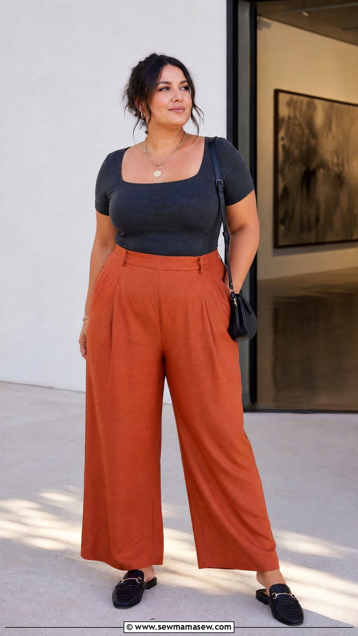 Plus Size Summer Sage Green Trousers and Square Neck Top - 30 summer plus size outfit ideas