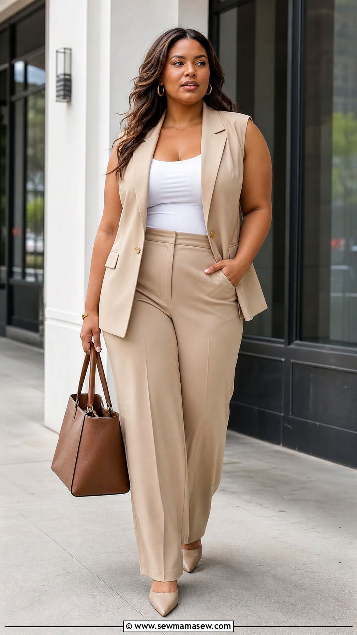 Plus Size Summer Sleeveless Blazer and Wide Leg Trousers - 30 summer plus size outfit ideas
