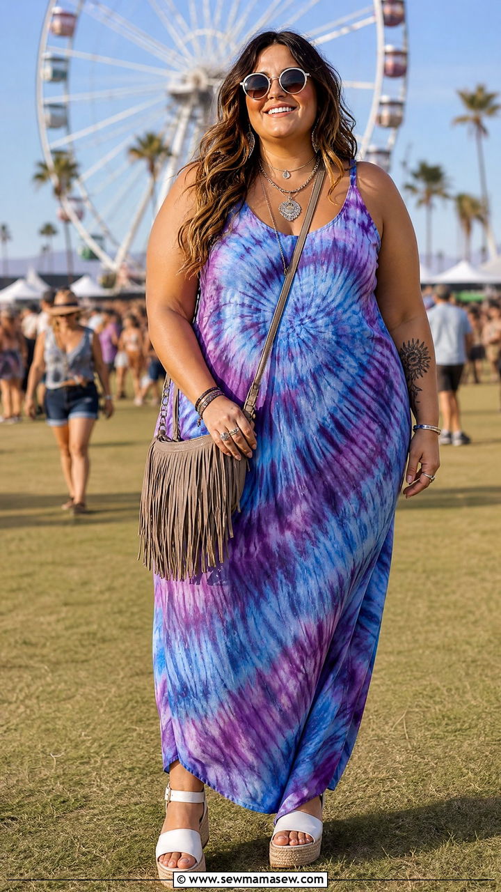 Plus Size Summer Tie Dye Maxi Dress and Platform Sandals - 30 summer plus size outfit ideas