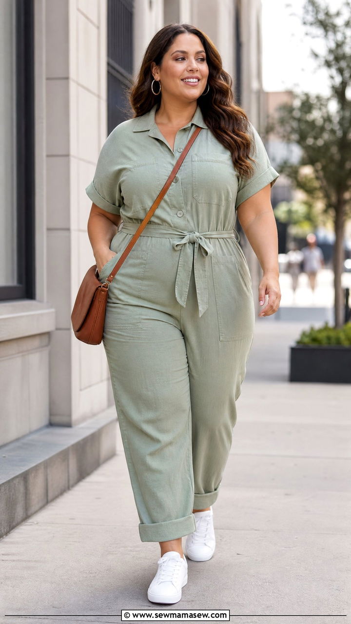 Plus Size Summer Utility Jumpsuit with White Sneakers - 30 summer plus size outfit ideas