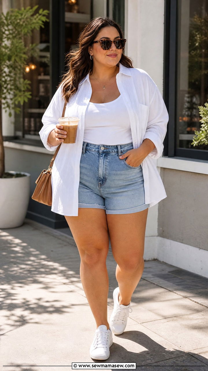 Plus Size Summer White Button Down and Denim Shorts - 30 summer plus size outfit ideas