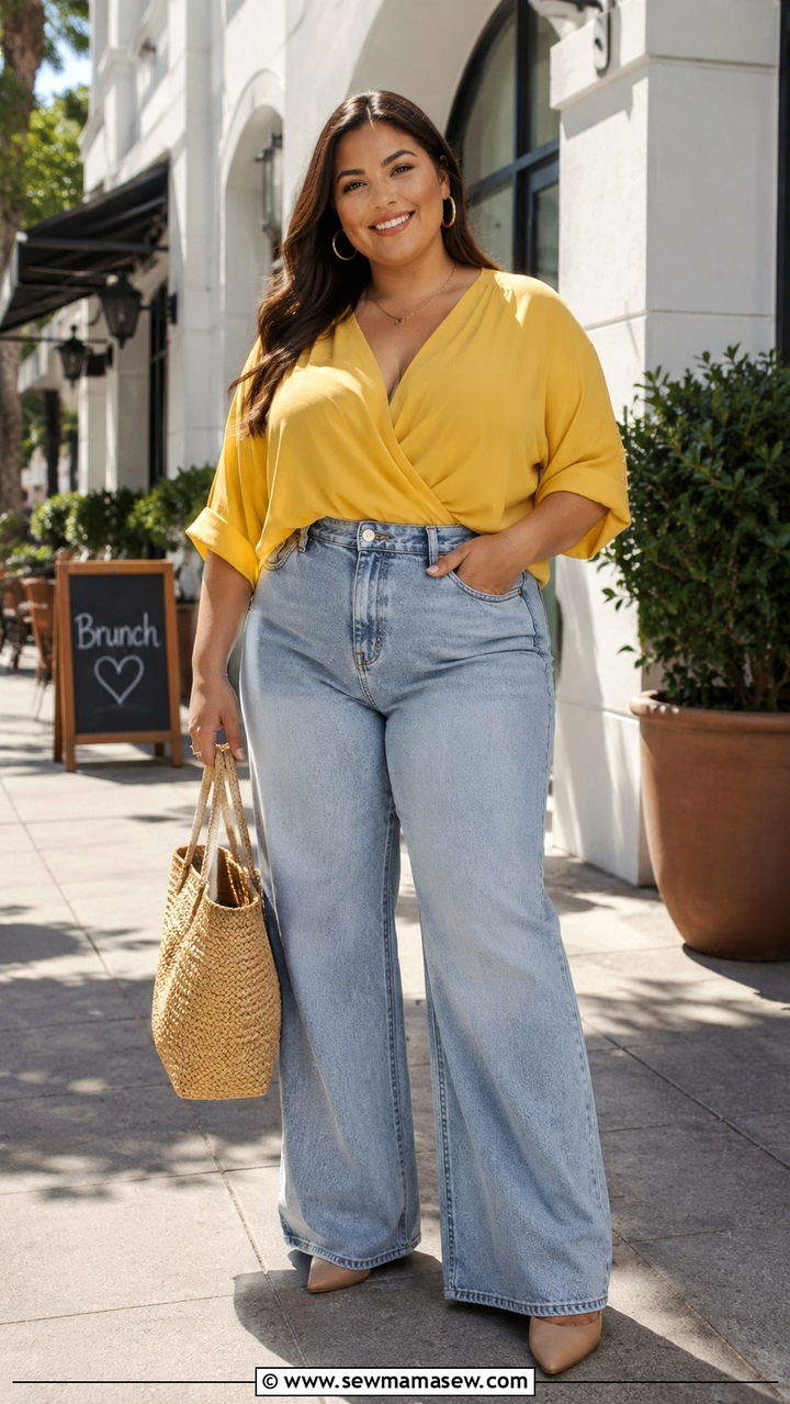 Plus Size Sunny Yellow Blouse With Wide Leg Denim - 30 Plus size outfit ideas for brunch