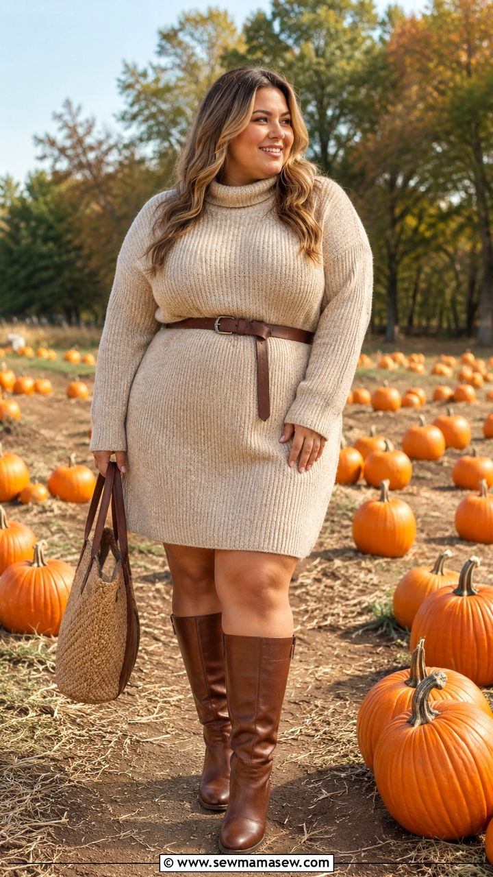 Plus Size Sweater Dress and Knee High Boots Photoshoot Outfit - 30 Plus size photoshoot outfit ideas