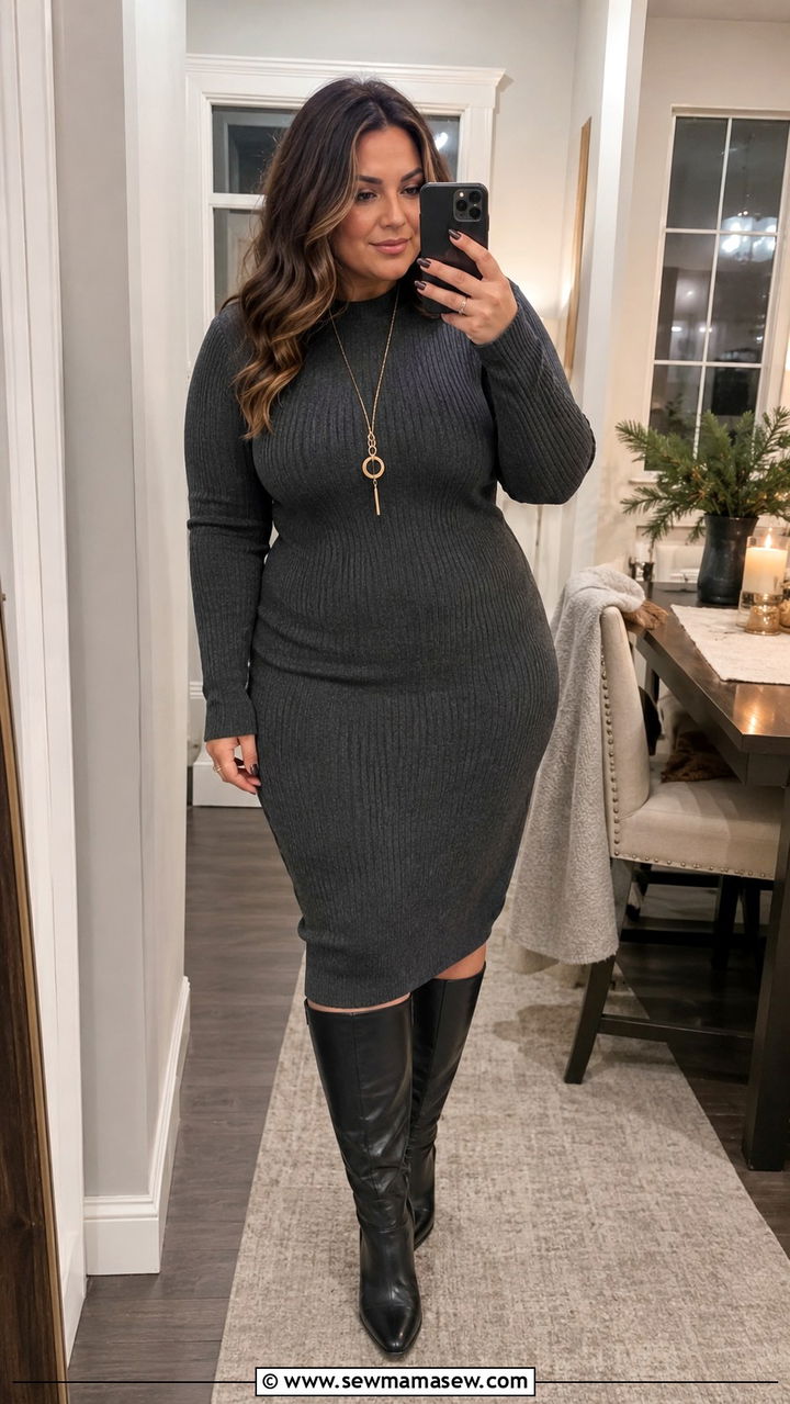 Plus Size Sweater Dress and Knee High Leather Boots - 25 Plus size outfit ideas French girl