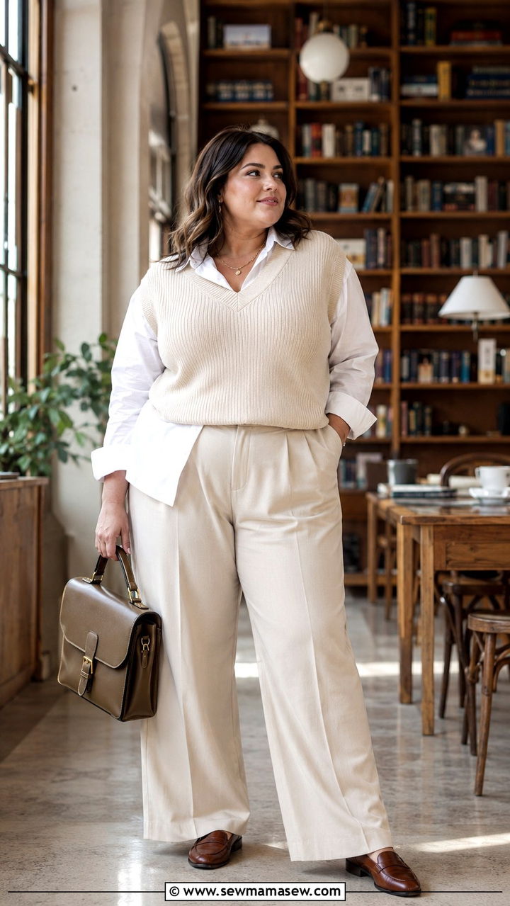 Plus Size Sweater Vest and Trousers Outfit - 25 Plus size capsule wardrobe 2026