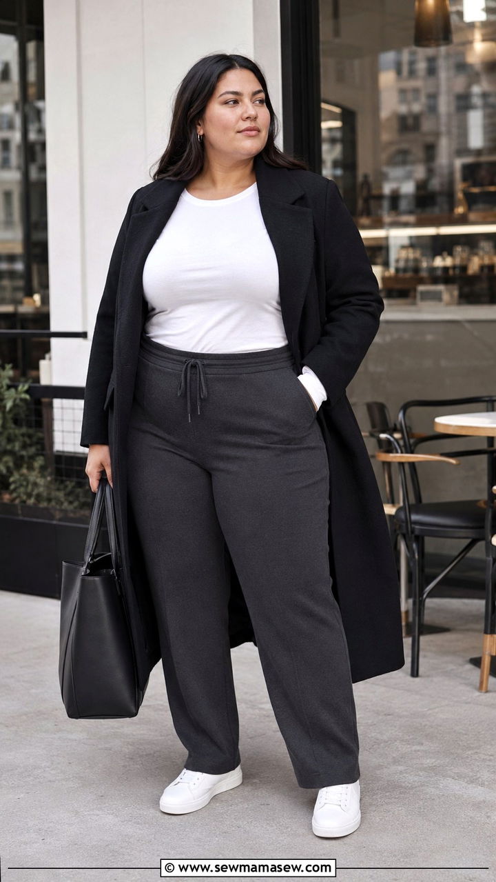 Plus Size Sweatpants and Structured Coat - 30 Minimalist outfits plus size